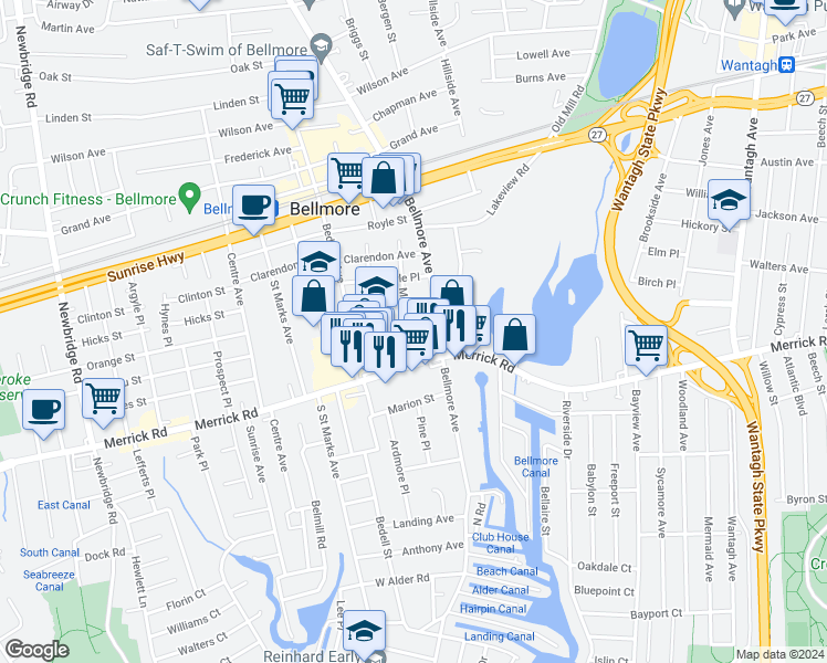 map of restaurants, bars, coffee shops, grocery stores, and more near 423 Midwood Avenue in Bellmore