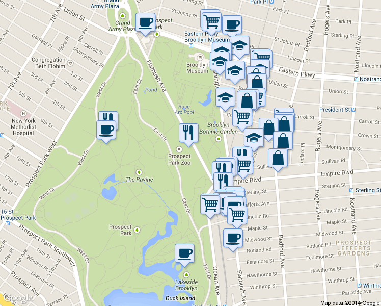 map of restaurants, bars, coffee shops, grocery stores, and more near 450 Flatbush Avenue in Brooklyn