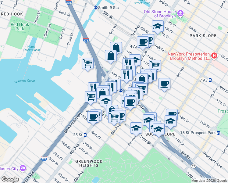 map of restaurants, bars, coffee shops, grocery stores, and more near 612 4th Avenue in Brooklyn