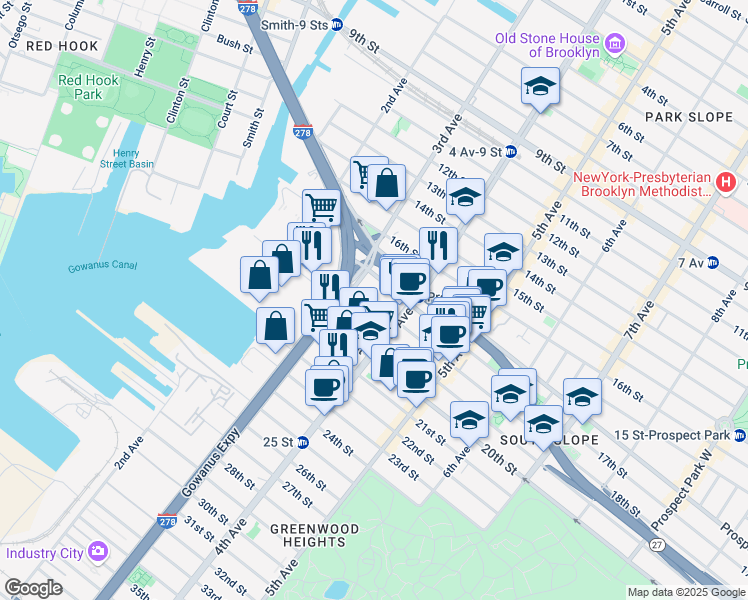 map of restaurants, bars, coffee shops, grocery stores, and more near 145 18th Street in Brooklyn
