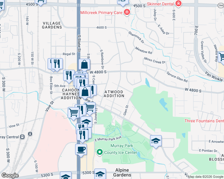 map of restaurants, bars, coffee shops, grocery stores, and more near 245 Crawford Avenue in Murray