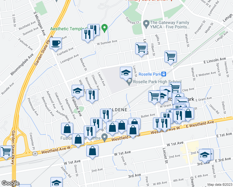 map of restaurants, bars, coffee shops, grocery stores, and more near 200 West Webster Avenue in Roselle Park