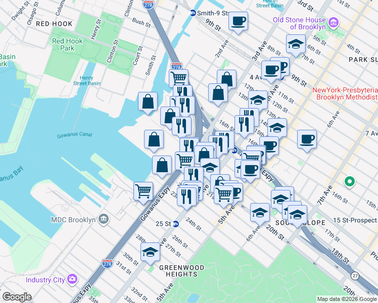 map of restaurants, bars, coffee shops, grocery stores, and more near 654 3rd Avenue in Brooklyn
