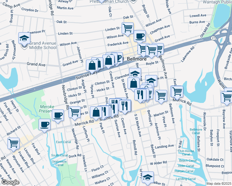map of restaurants, bars, coffee shops, grocery stores, and more near in Bellmore