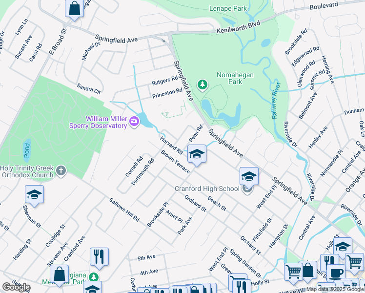 map of restaurants, bars, coffee shops, grocery stores, and more near 18 Penn Rd in Cranford
