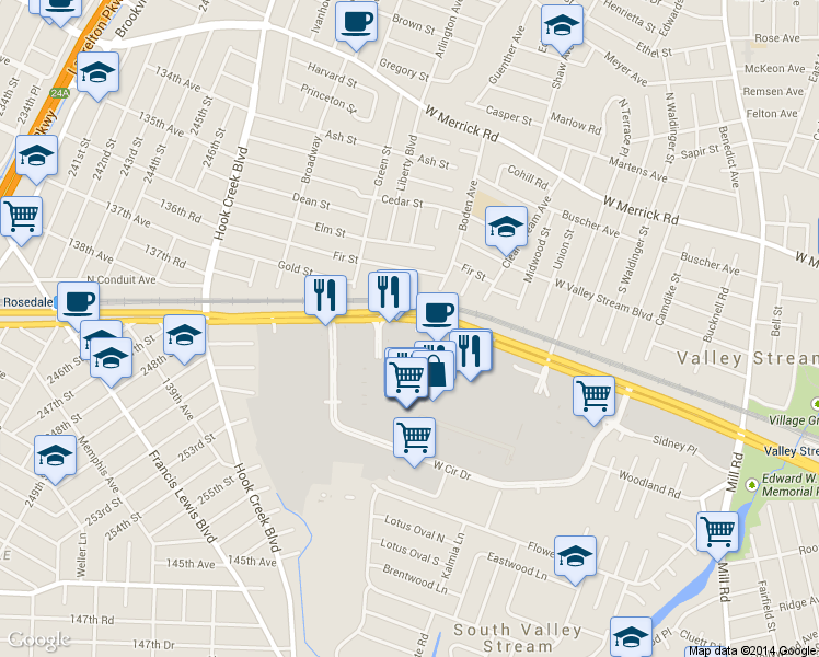 map of restaurants, bars, coffee shops, grocery stores, and more near 600 West Sunrise Highway in Valley Stream
