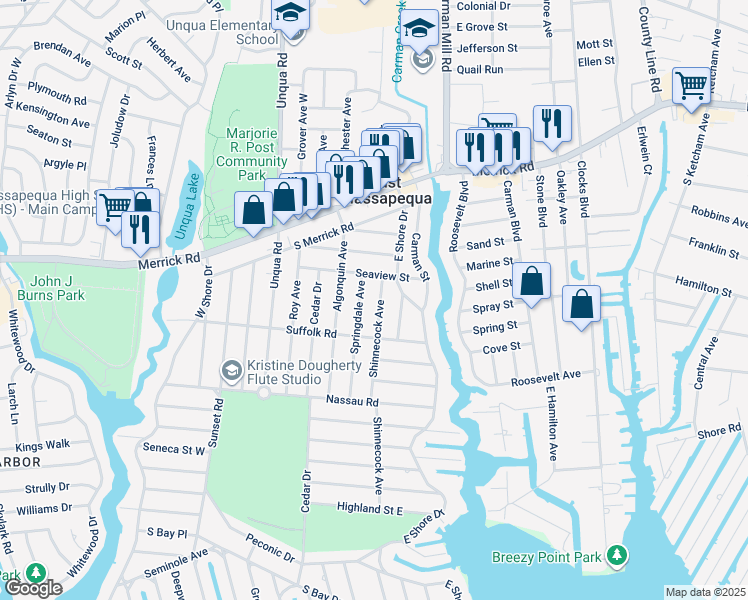 map of restaurants, bars, coffee shops, grocery stores, and more near 15 Shinnecock Avenue in Massapequa