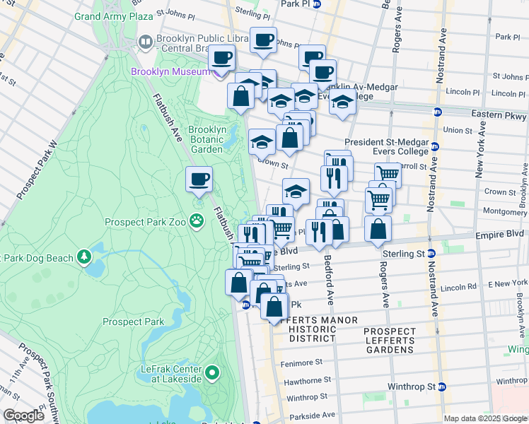 map of restaurants, bars, coffee shops, grocery stores, and more near 999 Washington Avenue in Brooklyn