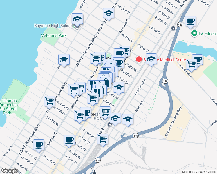 map of restaurants, bars, coffee shops, grocery stores, and more near 16 East 25th Street in Bayonne