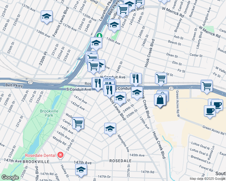 map of restaurants, bars, coffee shops, grocery stores, and more near 139-33 245th Street in Queens