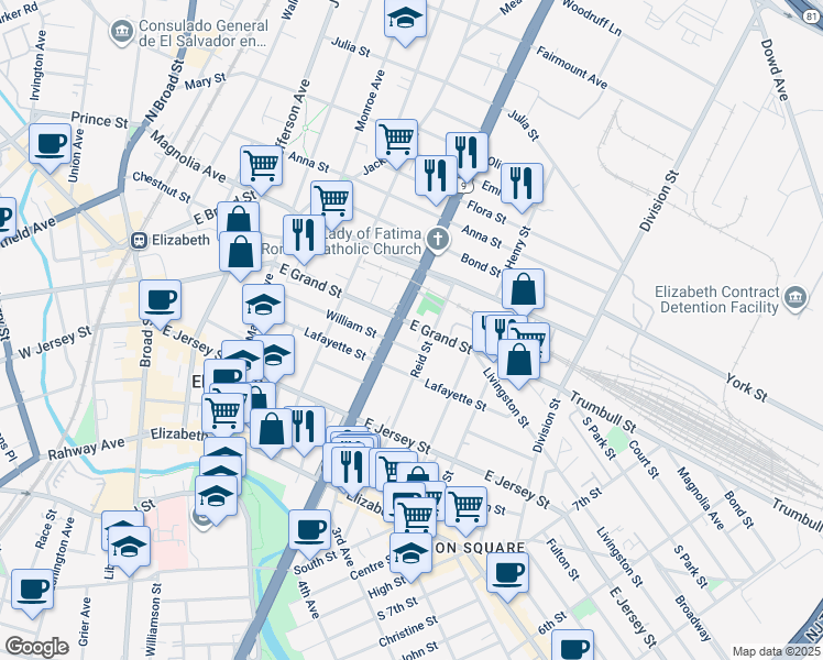 map of restaurants, bars, coffee shops, grocery stores, and more near 954 East Grand Street in Elizabeth