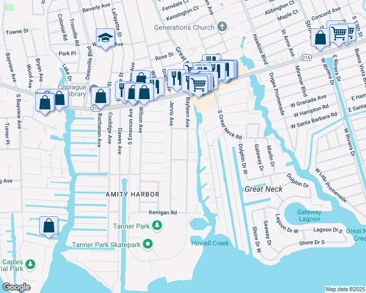 map of restaurants, bars, coffee shops, grocery stores, and more near 153 Jervis Avenue in Copiague
