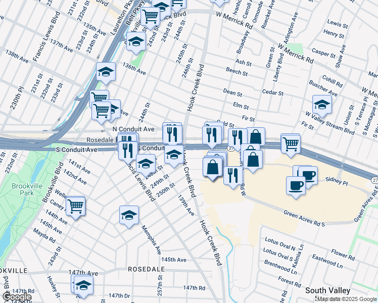 map of restaurants, bars, coffee shops, grocery stores, and more near 246-03 Hook Creek Boulevard in Queens