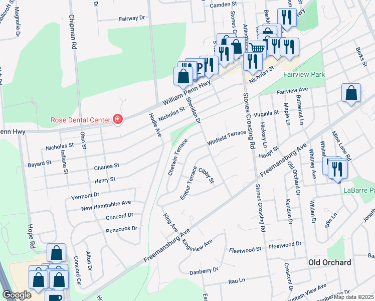 map of restaurants, bars, coffee shops, grocery stores, and more near 4313 Winfield Terrace in Easton