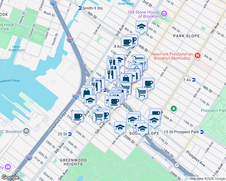 map of restaurants, bars, coffee shops, grocery stores, and more near 201 Prospect Avenue in Brooklyn