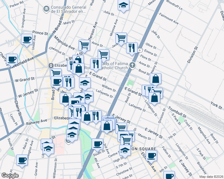 map of restaurants, bars, coffee shops, grocery stores, and more near 1018 William St in Elizabeth