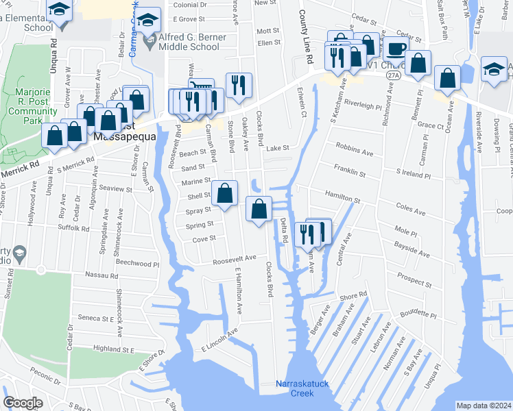 map of restaurants, bars, coffee shops, grocery stores, and more near 7 Harbour Road in Massapequa