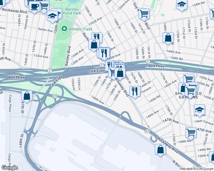 map of restaurants, bars, coffee shops, grocery stores, and more near 145-02 157th Street in Queens
