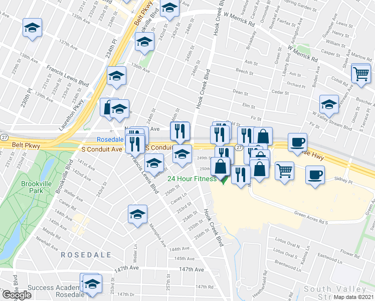map of restaurants, bars, coffee shops, grocery stores, and more near 246-03 Hook Creek Boulevard in Queens