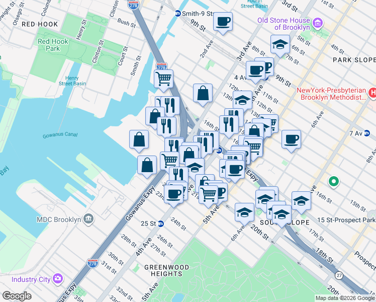 map of restaurants, bars, coffee shops, grocery stores, and more near 145 18th Street in Brooklyn