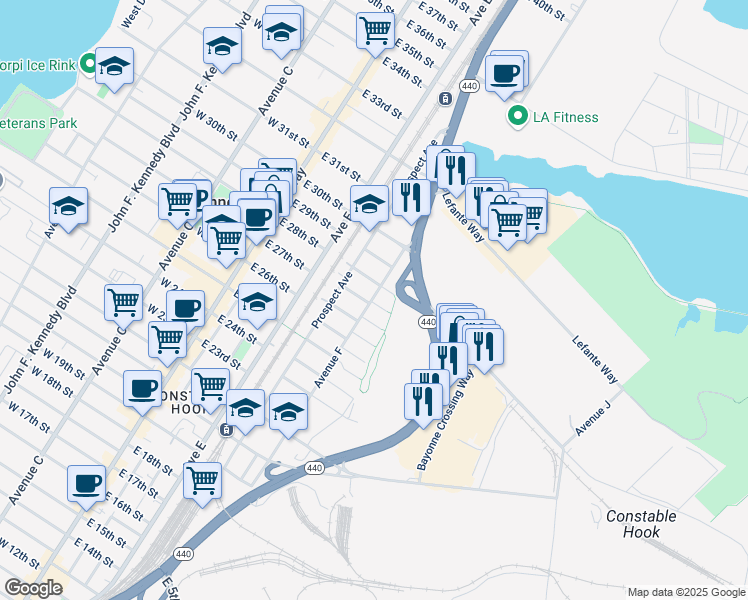 map of restaurants, bars, coffee shops, grocery stores, and more near 232 Avenue F in Bayonne