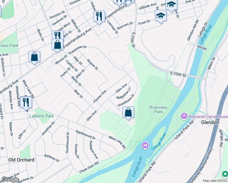 map of restaurants, bars, coffee shops, grocery stores, and more near 3141 Glen Avenue in Easton