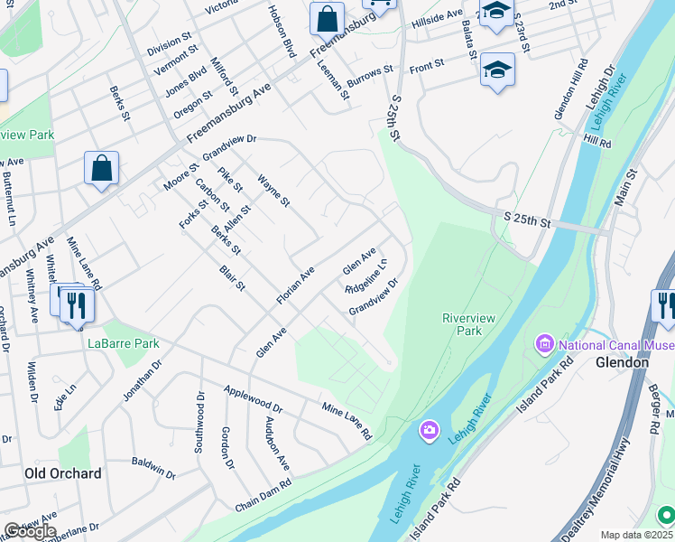map of restaurants, bars, coffee shops, grocery stores, and more near 3141 Glen Avenue in Easton