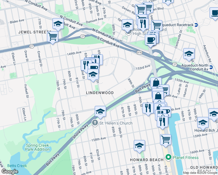 map of restaurants, bars, coffee shops, grocery stores, and more near 86,42 155th Avenue in Queens