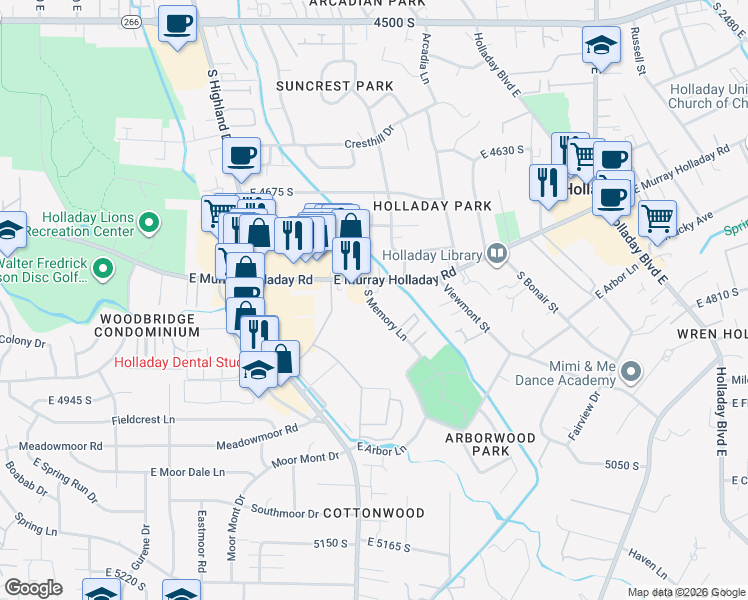 map of restaurants, bars, coffee shops, grocery stores, and more near 2030 East Murray Holladay Road in Holladay