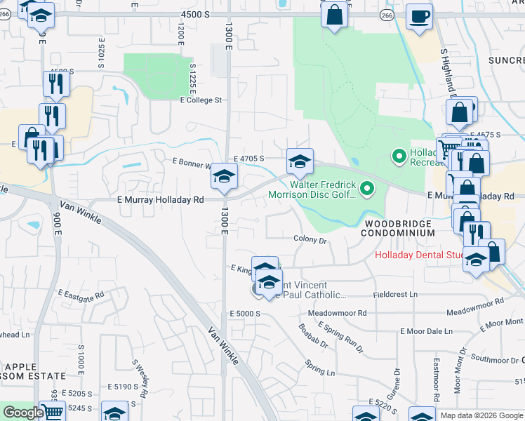 map of restaurants, bars, coffee shops, grocery stores, and more near 1361 East Foxmont Lane in Holladay