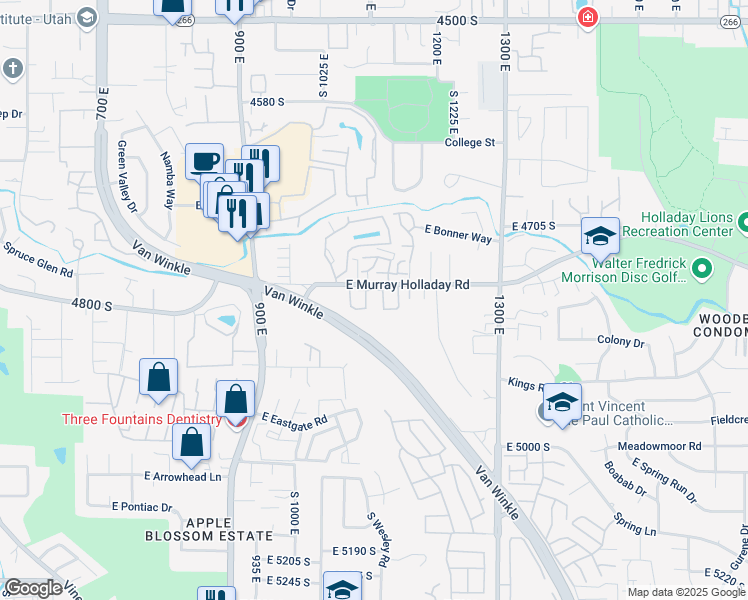 map of restaurants, bars, coffee shops, grocery stores, and more near 4831 South 1115 East in Salt Lake City