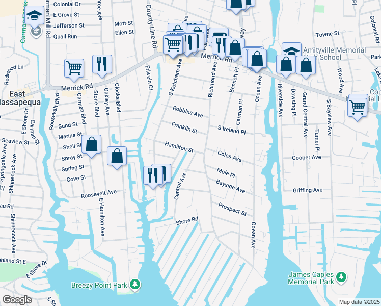 map of restaurants, bars, coffee shops, grocery stores, and more near 3 Central Avenue in Amityville