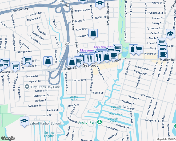map of restaurants, bars, coffee shops, grocery stores, and more near 2296 South Seamans Neck Road in Seaford
