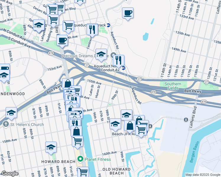 map of restaurants, bars, coffee shops, grocery stores, and more near 155-17 Bridgeton Street in Queens