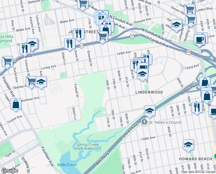 map of restaurants, bars, coffee shops, grocery stores, and more near 153-23 78th Street in Queens