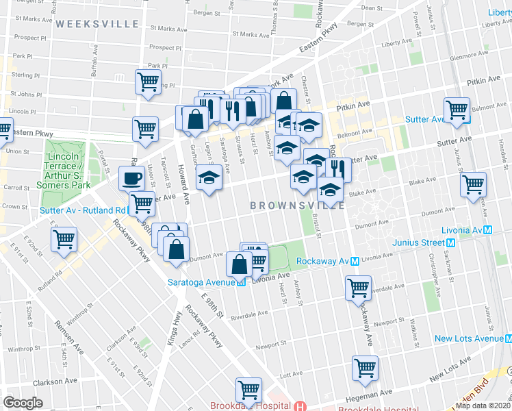 map of restaurants, bars, coffee shops, grocery stores, and more near 2010 Strauss Street in Brooklyn