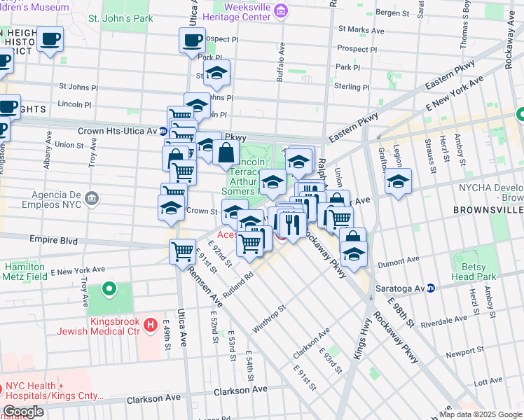 map of restaurants, bars, coffee shops, grocery stores, and more near 24 East 96th Street in Brooklyn