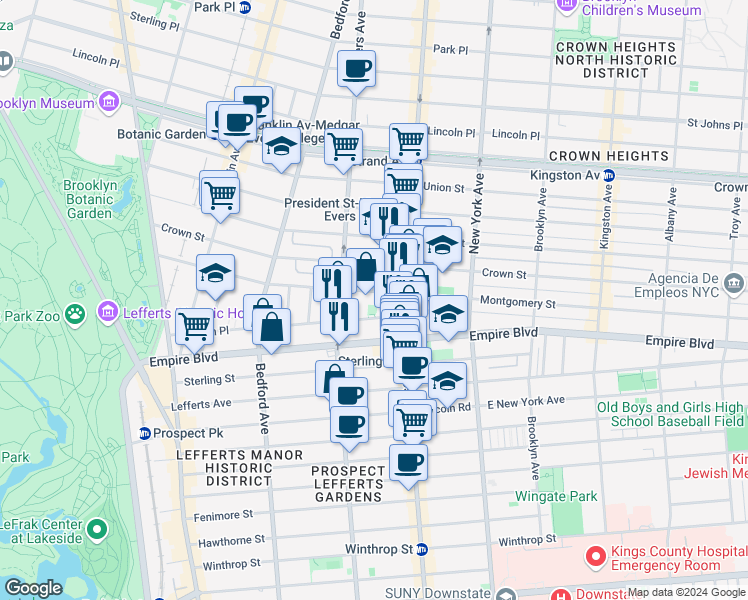 map of restaurants, bars, coffee shops, grocery stores, and more near 237 Sullivan Place in Brooklyn