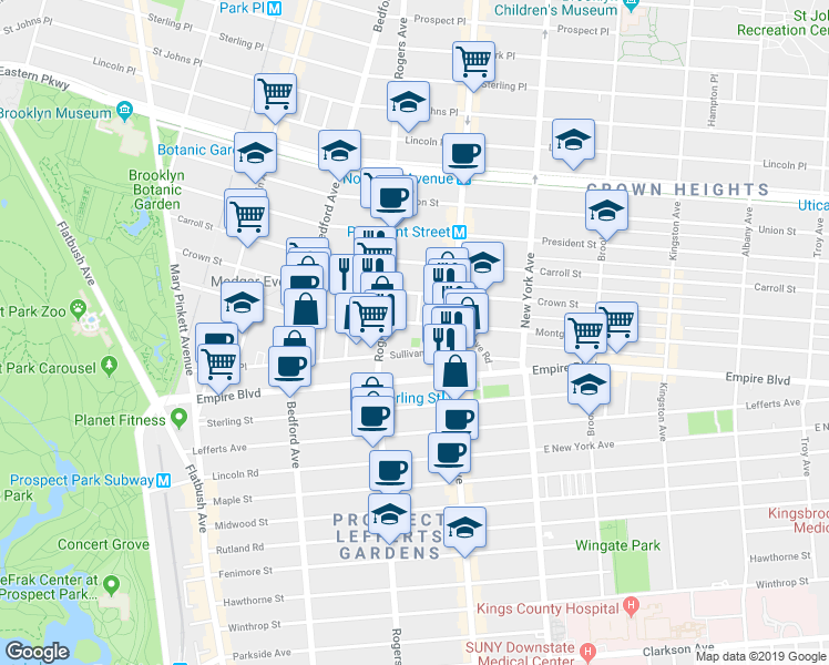 map of restaurants, bars, coffee shops, grocery stores, and more near 237 Sullivan Place in Brooklyn