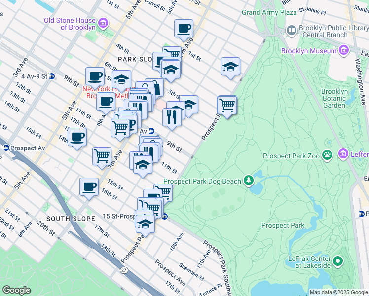 map of restaurants, bars, coffee shops, grocery stores, and more near 139 Prospect Park West in Brooklyn