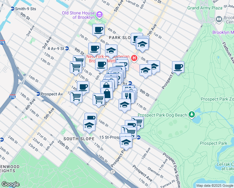 map of restaurants, bars, coffee shops, grocery stores, and more near 528 11th Street in Brooklyn