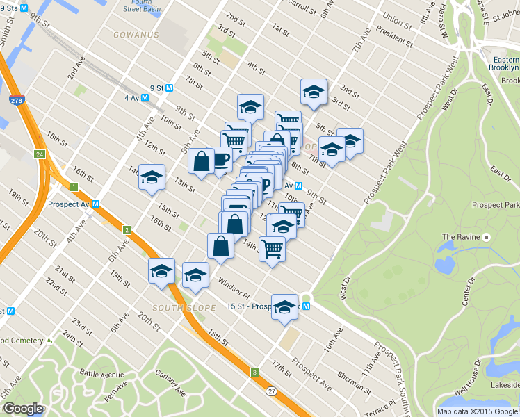 map of restaurants, bars, coffee shops, grocery stores, and more near 389 7th Avenue in Brooklyn