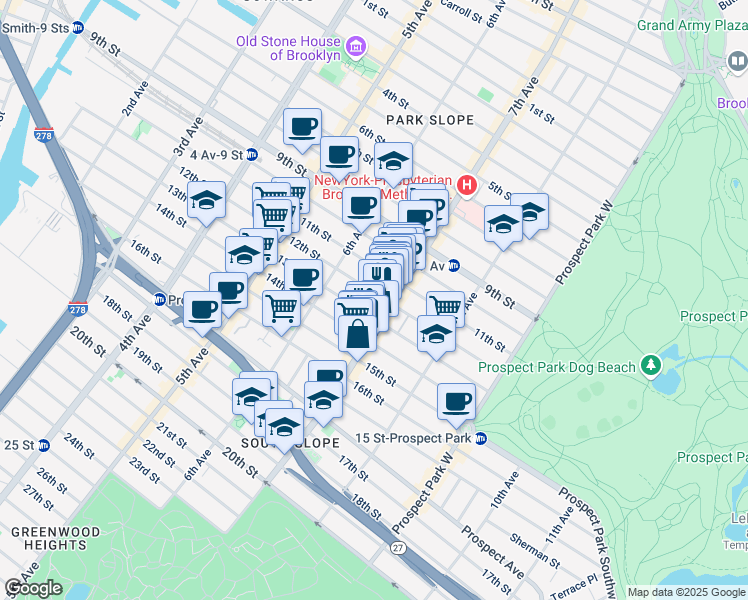 map of restaurants, bars, coffee shops, grocery stores, and more near 365 13th Street in Brooklyn