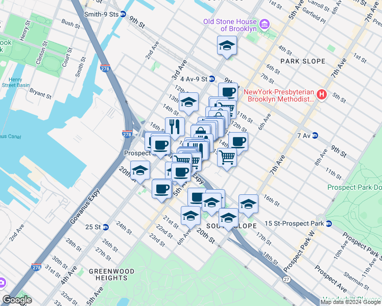 map of restaurants, bars, coffee shops, grocery stores, and more near 162 16th Street in Brooklyn
