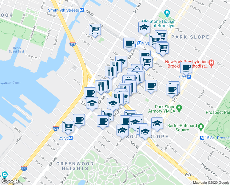 map of restaurants, bars, coffee shops, grocery stores, and more near 201 Prospect Avenue in Brooklyn