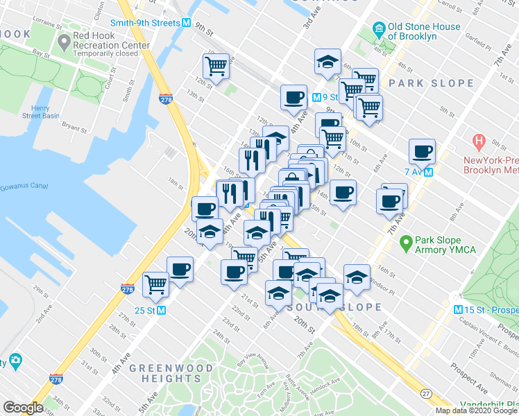 map of restaurants, bars, coffee shops, grocery stores, and more near 201 Prospect Avenue in Brooklyn
