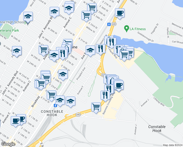 map of restaurants, bars, coffee shops, grocery stores, and more near 232 Avenue F in Bayonne