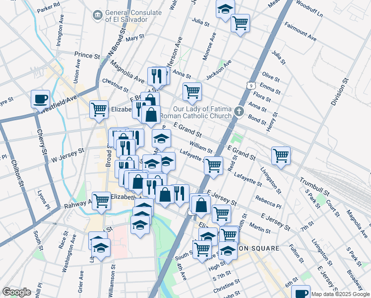 map of restaurants, bars, coffee shops, grocery stores, and more near 1045 Lafayette Street in Elizabeth
