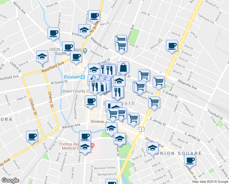 map of restaurants, bars, coffee shops, grocery stores, and more near 120 Madison Avenue in Elizabeth