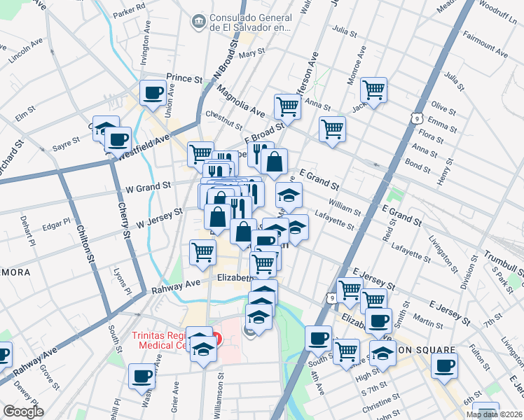 map of restaurants, bars, coffee shops, grocery stores, and more near 1135 East Jersey Street in Elizabeth